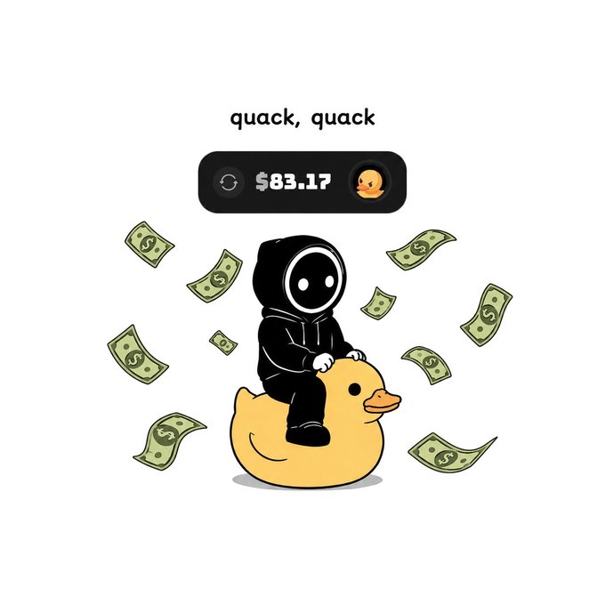 A cartoon illustration of a hooded figure riding a rubber duck surrounded by money, with text 'quack, quack' and a price tag showing '$83.17' with a duck emoji.
