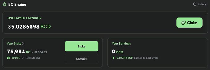 A BC Engine dashboard displays unclaimed earnings of 35.0286898 BCD ready to claim, alongside a stake of 75,984 BC (~$1,084.29) earning 0.127612 BCD in the last cycle. This staking interface visually supports the post's claim of passive income, showing the platform's unclaimed rewards and current staking position that contribute to the user's daily $4-5 in returns.