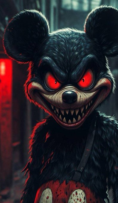 A dark AI-generated illustration of a sinister cartoon mouse with glowing red eyes and sharp teeth, resembling a horror version of Mickey Mouse.