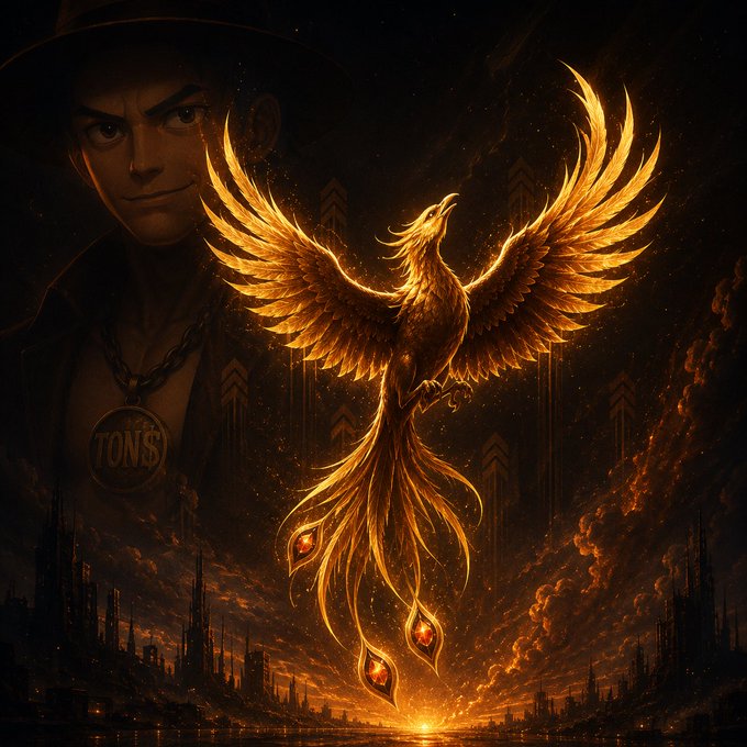 A fantasy artwork featuring a glowing golden phoenix rising above a fiery cityscape, with the face of a man wearing a hat and a 'TONS' medallion visible in the background.