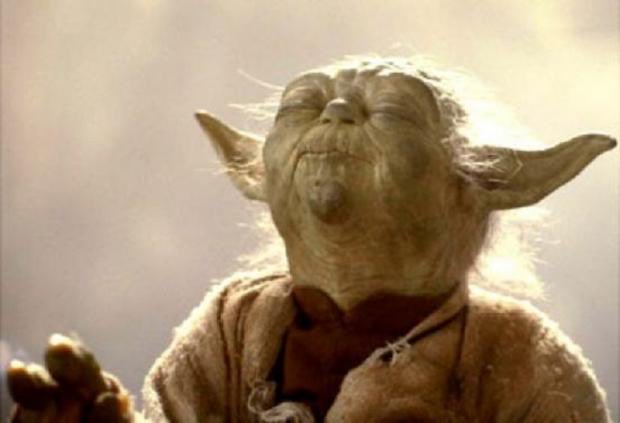 The image shows Yoda from Star Wars with his eyes closed, appearing calm and meditative in a moment of serenity. The caption humorously parallels Yoda's focused, tranquil state with the poster tuning out distractions to concentrate on tech while others are focused on $ANSEM.