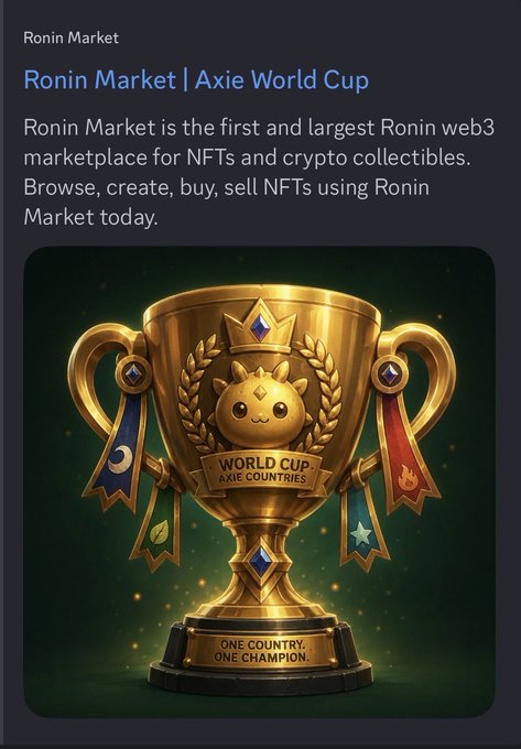 The image features a golden trophy with a cartoon cat design, which appears to be the centerpiece of an advertisement or promotional material related to the Axie World Cup. The text in the image suggests that this trophy belongs to the Axie Country team and is part of their collection for sale on the Axie Market web page.