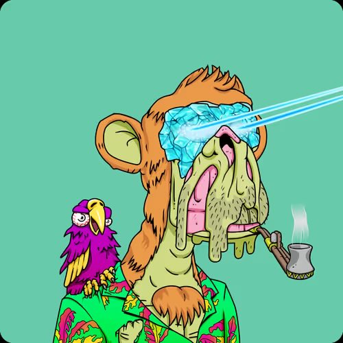A cartoon monkey wearing a Hawaiian shirt and laser-eyed diamond sunglasses smokes a pipe with a purple parrot on its shoulder, humorously parodying the Bored Ape Yacht Club NFT collection referenced in the post about purchasing a Mutant Ape for 3.5 ETH two years ago.