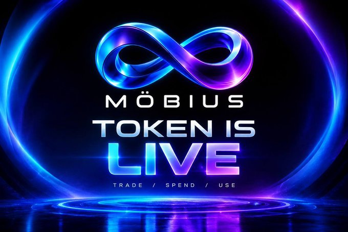 A promotional graphic with a blue and purple neon infinity symbol and text reading "MÖBIUS TOKEN IS LIVE" and "TRADE / SPEND / USE."