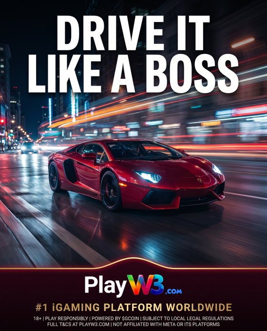 An advertisement for PlayW3.com featuring a red sports car speeding through a city at night with the slogan 'DRIVE IT LIKE A BOSS' and '#1 iGAMING PLATFORM WORLDWIDE'.