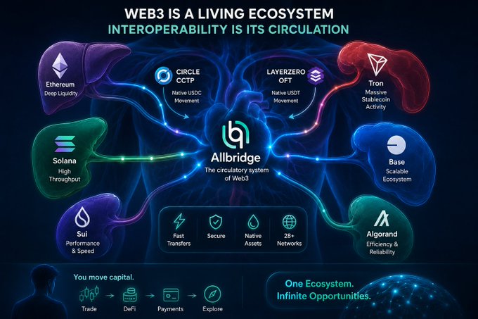 An infographic titled 'WEB3 IS A LIVING ECOSYSTEM' by Allbridge, showing connections between networks including Ethereum, Solana, Sui, LayerZero, Tron, Base, and Algorand.