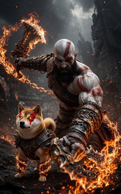 The image shows a muscular, bald warrior resembling Kratos from God of War, wielding flaming chained blades, accompanied by a small Shiba Inu dog (a "Doge") wearing spiked armor and sporting a red war-paint streak on its face.

The image is a meme mashup combining the intense, battle-ready aesthetic of God of War with the popular Doge meme, reflecting the post's call to war with the warrior and the Doge ready to fight together.