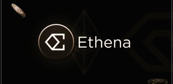 A dark background featuring the gold Ethena logo and cryptocurrency ticker with falling coin graphics.