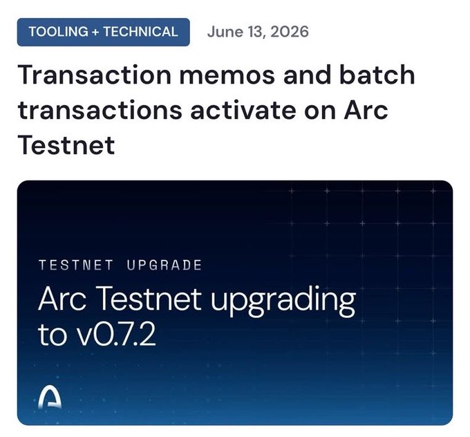 An announcement graphic for Arc Testnet's v0.7.2 upgrade, dated June 13, 2026, highlighting the activation of transaction memos and batch transactions on the network.