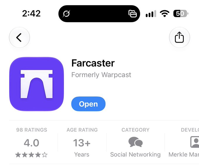 An App Store listing for the social networking app Farcaster (formerly Warpcast), rated 4.0 stars with 98 ratings, in the Social Networking category by developer Merkle Manufactory.