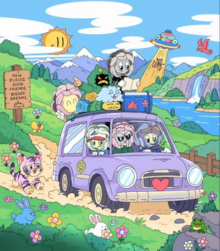 Colorful cartoon illustration of cute characters on a road trip in a purple van with a heart logo, surrounded by mountains, animals, and a UFO, with a sign reading 'NEW PLACES GOOD FRIENDS GOOD DREAMS'.