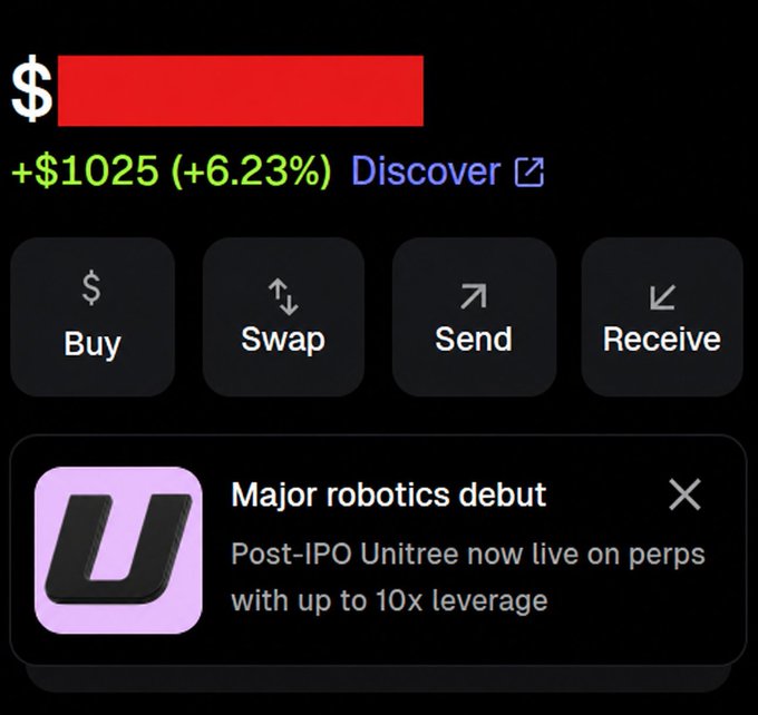 Crypto wallet interface showing a profit of +$1025 (+6.23%) with options for Buy, Swap, Send, and Receive, along with a promotional banner for Unitree's IPO debut with up to 10x leverage.