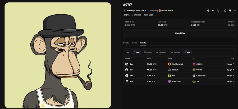 A screenshot of NFT marketplace OpenSea showing item '#787' titled 'Bored Ape Yacht Club', owned by DaSoul_069, displaying a cartoon ape in a black hat and smoking a pipe with activity listings in ETH.