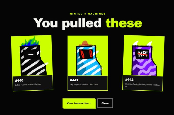 The image shows a digital interface displaying three newly minted NFT machines labeled #440 "Zebra - Cursed Flame - Flatline," #441 "Sky Stripe - Straw Hat - Red Zeros," and #442 "Lavender Squiggle - Ivory Horns - Not An NFT," with a "You pulled these" header and buttons to "View transaction" or "Close." This directly relates to the post as it visually confirms the user has successfully minted three rare machines on RH (likely Rare Hash or a similar platform), prompting them to "go buy Ordinals" as a next step.