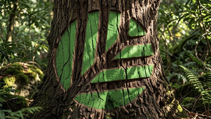 The photo shows a large tree trunk in a lush forest setting with a green, leaf-like logo carved or painted into its bark. The accompanying post about @CNPYNetwork "builders already living on their own chains" ties into the imagery of a tree with its own carved emblem, suggesting a community carving out its own independent identity and ecosystem within the broader crypto forest.