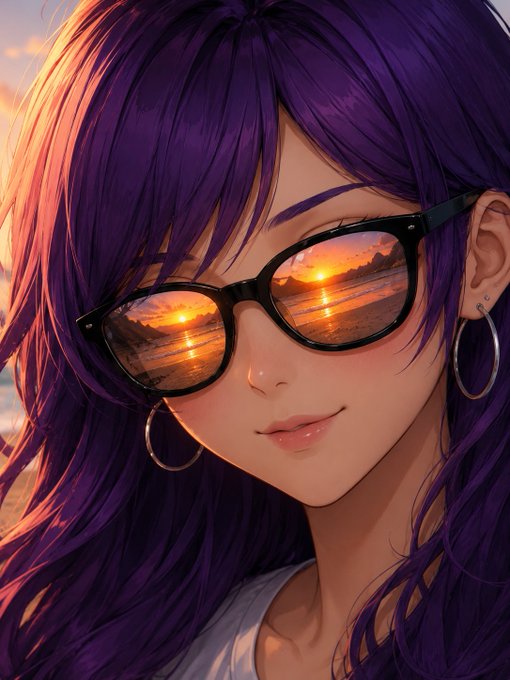 A vibrant anime-style portrait of a girl with flowing purple hair and black sunglasses that reflect a golden sunset over the ocean, perfectly capturing the relaxed, positive Sunday energy of the post. Her subtle smile and the warm horizon mirrored in her lenses echo the message of taking time to enjoy life's simple pleasures like good food and mindful rest.