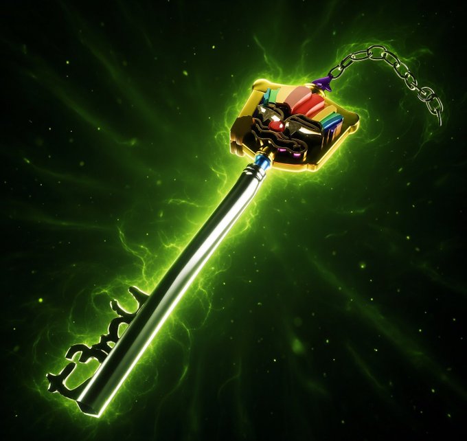 A 3D render of a large, ornate key resembling the Kingdom Key from Kingdom Hearts, featuring a colorful Mickey Mouse-shaped head and a silver chain, set against a swirling green energy background.