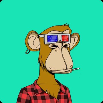 A digital illustration of a cartoon monkey wearing 3D glasses, a red and black plaid shirt, and an earring, while holding a cigarette in its mouth against a solid green background.