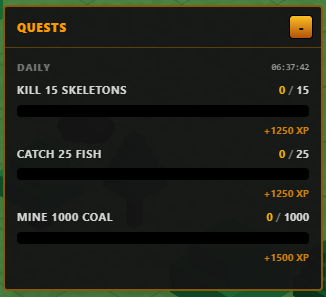 A daily quests panel showing three tasks: 'KILL 15 SKELETONS' (0/15, +1250 XP), 'CATCH 25 FISH' (0/25, +1250 XP), and 'MINE 1000 COAL' (0/1000, +1500 XP), with a timer at 06:37:42.