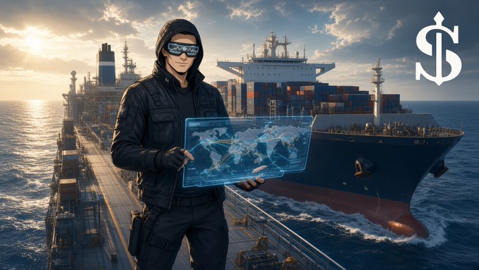 A hooded figure in tactical gear and night-vision goggles holds a holographic world map display, standing on a dock with a large container ship in the background, accompanied by a stylized anchor/dollar logo.