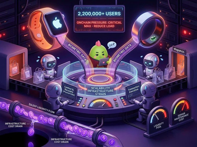 A digital illustration depicting a control room with robots, a sleeping green bird, an Apple Watch, and gauges showing '2,200,000+ USERS' and 'ONCHAIN PRESSURE: CRITICAL MAX - REDUCE LOAD'.