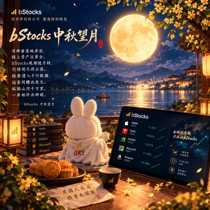 A Mid-Autumn Festival themed promotional image for bStocks showing a moonlit night scene with a full moon over water, accompanied by a white rabbit plush, mooncakes, and a tablet displaying stock tickers (AAPL +1.32%, TSLA +2.45%, NVDA +3.21%, MSFT +1.18%, AMZN +1.76%) alongside the bStocks logo and Chinese poetry celebrating how "链上资产次第全" (on-chain assets are displayed completely) under the festival's moonlight.