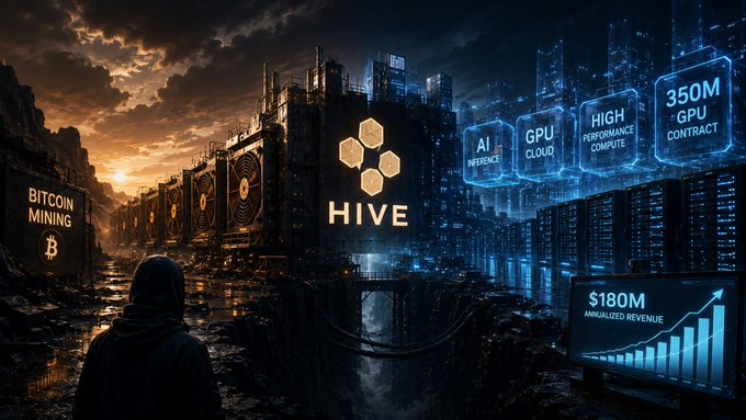 A dark, atmospheric digital artwork showing a 'HIVE' cryptocurrency mining facility, featuring signage for 'BITCOIN MINING,' 'AI INFERENCE,' 'GPU CLOUD,' 'HIGH PERFORMANCE COMPUTE,' and a '350M GPU CONTRACT' with a $180M annualized revenue chart.