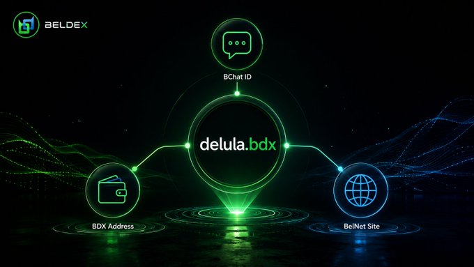 A promotional graphic for BELDEX showing the 'delula.bdx' BChat ID connected to a BDX Address and BelNet Site with a green and blue digital network design.