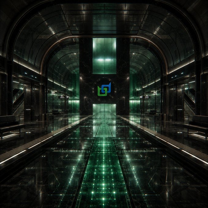 A futuristic, sci-fi corridor with dark reflective floors, green glowing lights, and a green and blue logo at the far end.