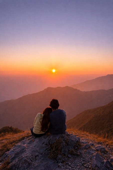 A photograph capturing a couple sitting closely together on a rocky mountain peak, looking out at a vibrant sunset over a misty mountain range.