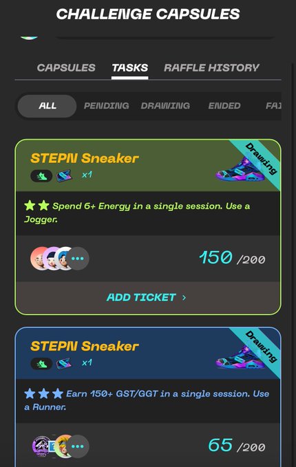 The image shows a smartphone screen with a page displaying two competing leagues for sneakers, called "Challenge Capsules". The content on the display indicates that one league has a score of 65 points, while the other has 75 points. This comparison might be used by users in choosing which program to play or use as their favorite among these leagues.