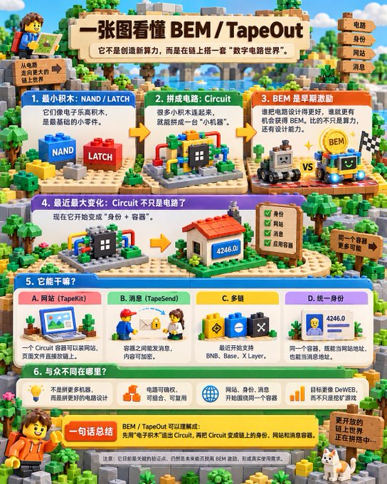 A colorful LEGO-style infographic titled "一张图看懂 BEM / TapeOut" explains BEM and TapeOut concepts through six numbered blocks, showing progression from basic NAND/LATCH building blocks to complete circuits and blockchain-hosted identities, highlighting key terms like "NAND," "LATCH," "Circuit," "BEM," "TapeKit," "TapeSend," and "DeWEB 4246.0."