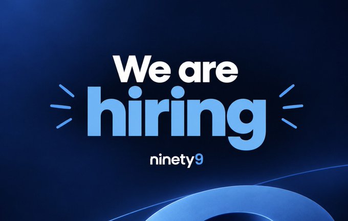 A dark blue graphic with bold text reading 'We are hiring' and 'ninety9' displayed below it.