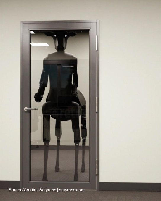 A tall, dark silhouetted creature peers ominously through a glass office door, with the watermark "Source/Credits: Satyress | satyress.com" visible at the bottom. The looming, shadowy figure embodies Monero watching from outside as exchanges delist the cryptocurrency.