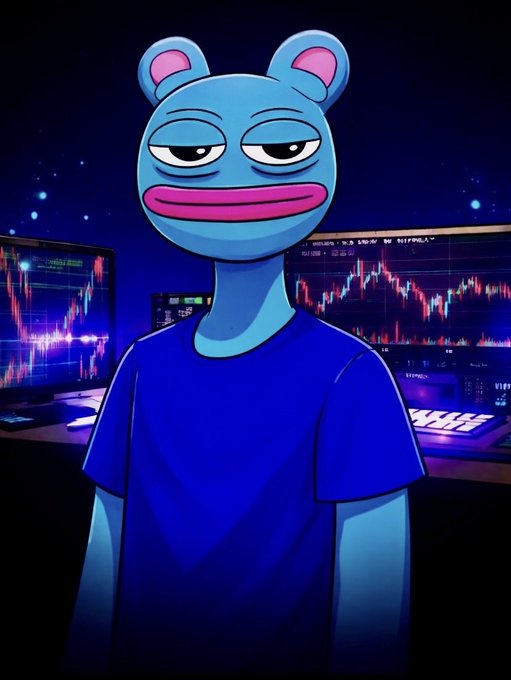 An illustration of a blue, cartoonish character with mouse-like ears and large pink lips standing in front of monitors displaying financial charts.