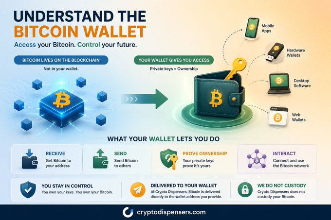 An infographic titled 'UNDERSTAND THE BITCOIN WALLET' from cryptodispensers.com explaining wallet types (Mobile Apps, Hardware Wallets, Desktop Software, Web Wallets) and features like Receive, Send, Prove Ownership, and Interact.