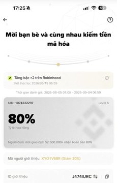 A Vietnamese-language app screen showing crypto referral information with 'Mời bạn bè và cùng nhau kiếm tiền mã hóa' and an '80%' commission rate for Robinhood, with UID '107422297' and Level 6 status.