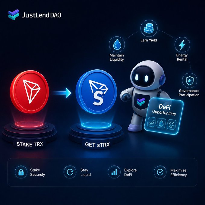 A promotional graphic for JustLendDAO showing the process of staking TRX to get sTRX, with features including Earn Yield, Maintain Liquidity, Energy Rental, and Governance Participation.