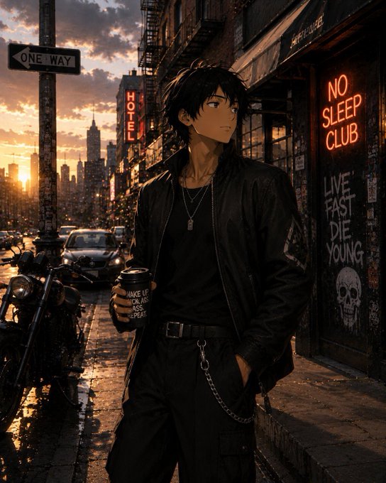 An anime-style illustration of a young man in a black jacket holding a coffee cup on a city street at sunset, with neon signs reading 'NO SLEEP CLUB' and 'LIVE FAST DIE YOUNG' on a wall behind him.