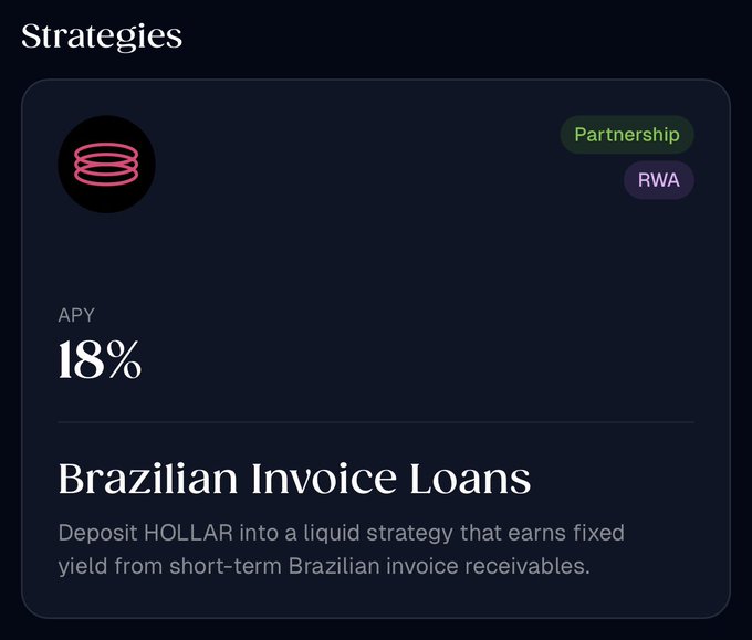 The image displays a "Strategies" card highlighting a **Brazilian Invoice Loans** opportunity on Hydration, offering **18% APY** by depositing HOLLAR into a partnership-based RWA strategy that earns fixed yield from short-term Brazilian invoice receivables. This visually supports the post's promotion of using Decentral on Hydration to earn 18% APY on stablecoins.