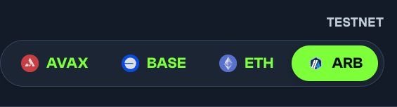 A "TESTNET" network selector interface displays four blockchain options: AVAX, BASE, ETH, and ARB, with ARB (Arbitrum) highlighted in green to indicate its newly selected status, visually reinforcing the announcement that Knidos has expanded to support Avalanche, Base, Ethereum, and now Arbitrum as the latest addition to its multichain AI agent platform.