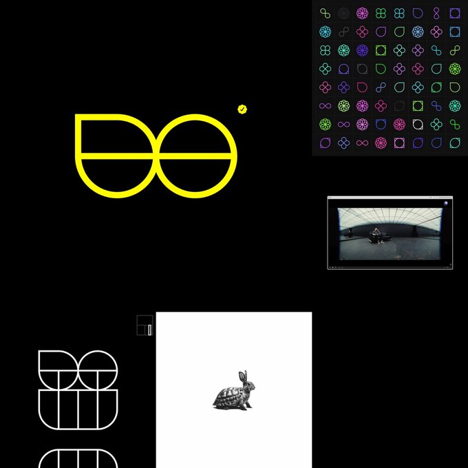 A black background with a large yellow double-circle logo in the center, accompanied by colorful geometric pattern samples in the upper right, a video thumbnail, and a tortoise illustration on a white card.