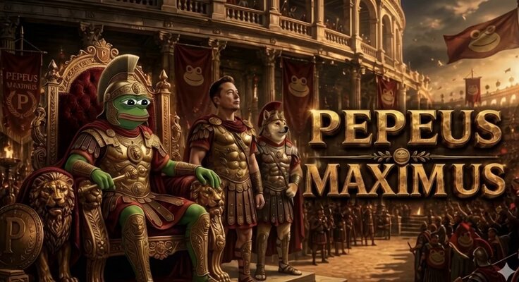 "PEPEUS MAXIMUS" appears to be a reference to the game "Pepus maximus", which is a multiplayer online roleplaying game that involves players assuming the roles of characters from ancient Rome, such as senators or military leaders. The image features a cartoon depiction of a king and his subjects in Roman clothing, with the caption "PEPEUS MAXIMUS" above them.