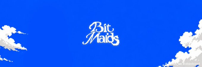 A bright blue sky background with pixelated white clouds in the corners and the white cursive text 'Bit Maids' in the center.