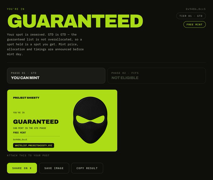 A web interface confirming a 'GUARANTEED' spot for a free mint on 'PROJECT SHIESTY', displaying a green digital card with a black ski mask graphic and the wallet address '0x9486.0cc5'.