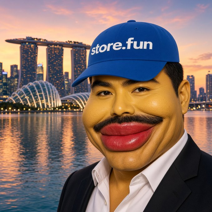 A caricature-style portrait of a man with a mustache wearing a blue 'store.fun' cap, set against a sunset skyline of Singapore's Marina Bay Sands and waterfront.