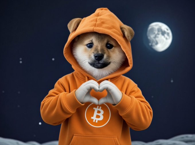An AI-generated image of a Shiba Inu dog (often associated with the Doge meme) wearing an orange hoodie with a Bitcoin logo, making a heart shape with its paws against a starry night sky with a full moon.