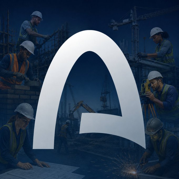 Construction workers surround a large glowing white arch-shaped logo against cranes and scaffolding.