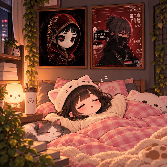 An anime-style illustration of a sleeping girl wearing a cat-eared hat in a cozy bed, accompanied by a cat, with framed posters of characters on the wall behind her.