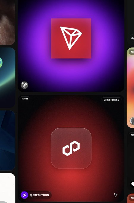 The image shows two crypto-themed logo tiles—one featuring the Polygon (MATIC) logo in red/purple and another with the Polymesh logo in red—both labeled as new additions to what appears to be a mobile app, with the caption "soon tron" teasing an upcoming TRON addition in both their signature colors. The design previews a "big" platform expansion featuring Polygon, Polymesh, and soon TRON integrations.
